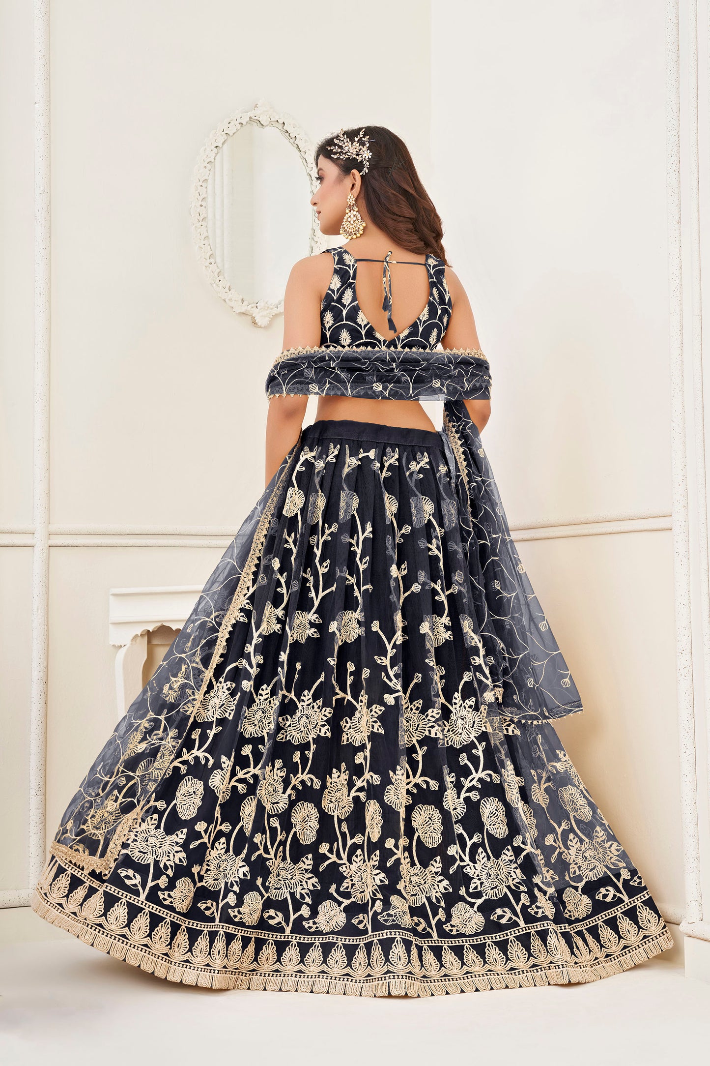 Black Sequins Embroidered Net Reception Lehenga for Bridesmaid