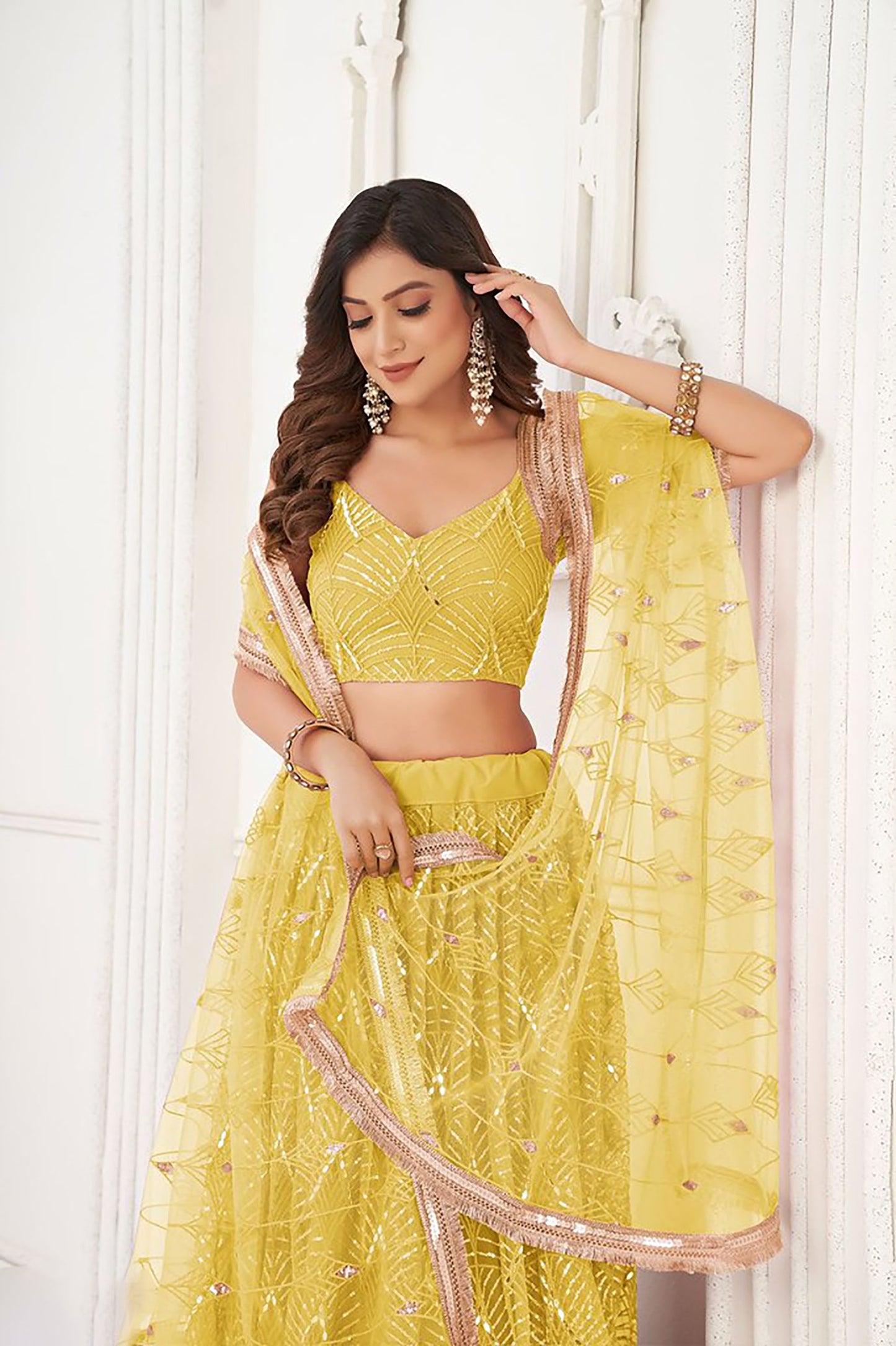 Yellow Net Hand Work & Sequins Embroidered Umbrella Lehenga for Haldi
