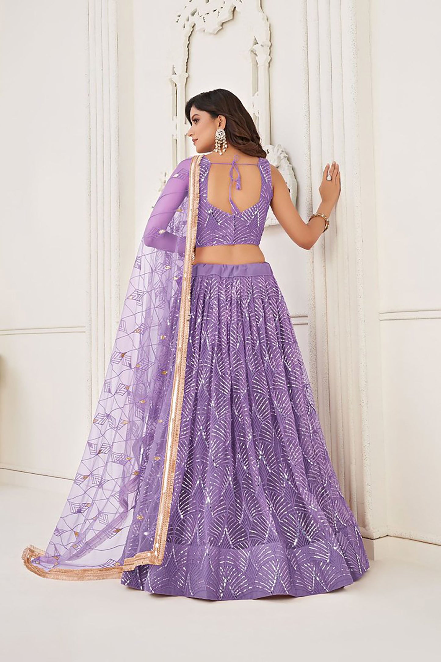 Lavender Net Hand Work & Sequins Embroidered Umbrella Lehenga for Sangeet