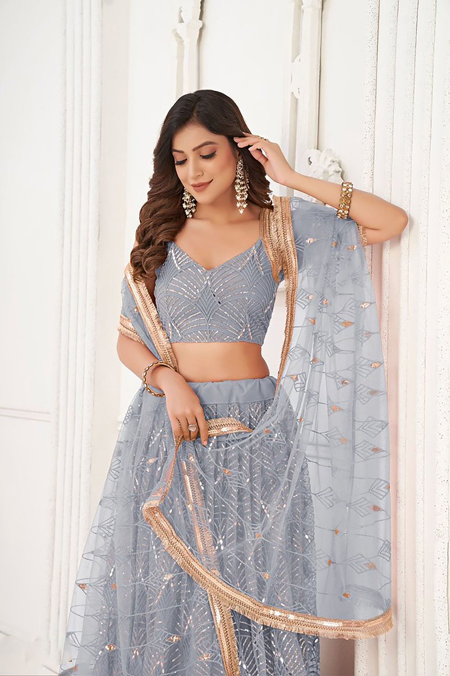 Grey Net Hand Work & Sequins Embroidered Umbrella Lehenga