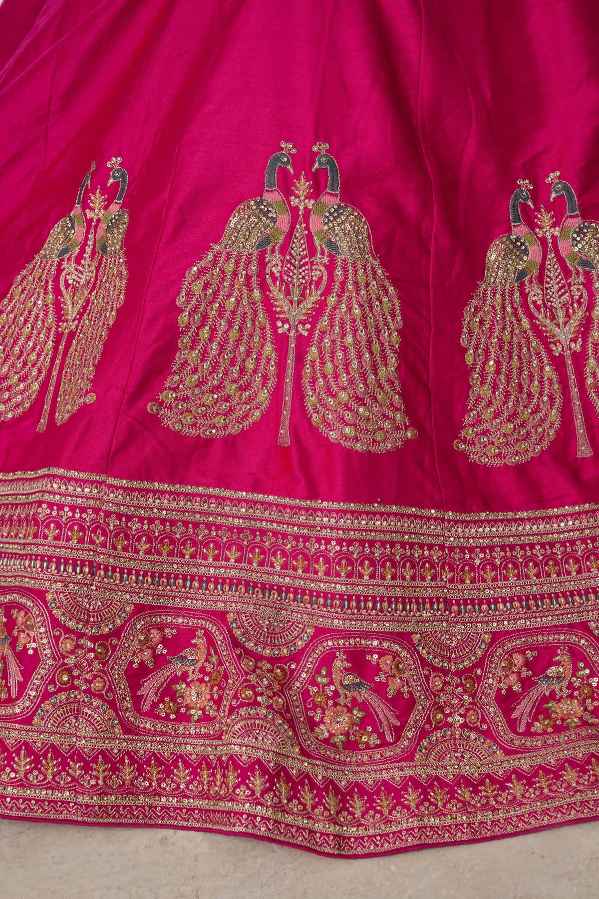 Rani Pink Silk Peacock Motifs & Pearl Work Bridesmaid Lehenga for Wedding