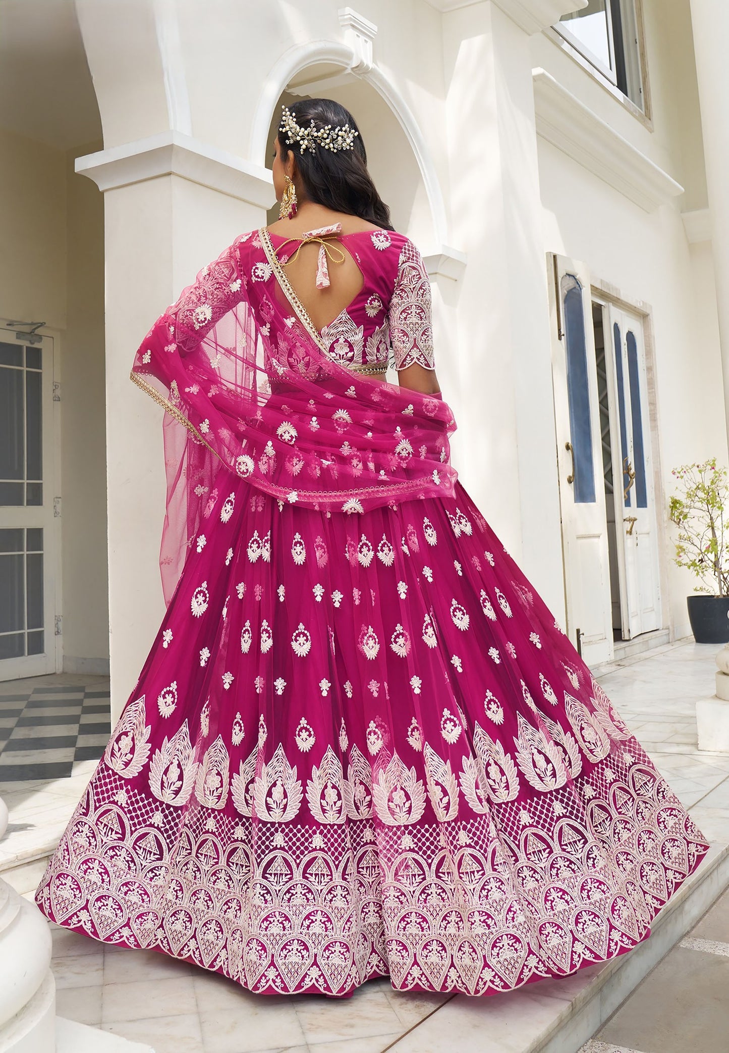 Royal Pink Butterfly Net Thread & Sequins Embroidered Sangeet Lehenga