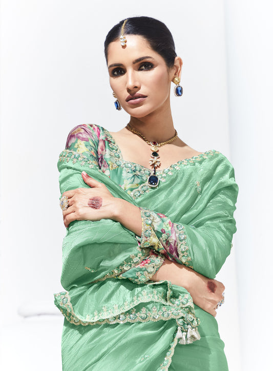 Pista Green Glass Tissue & organza Sequnis & Dhaga Embroidered Designer Saree