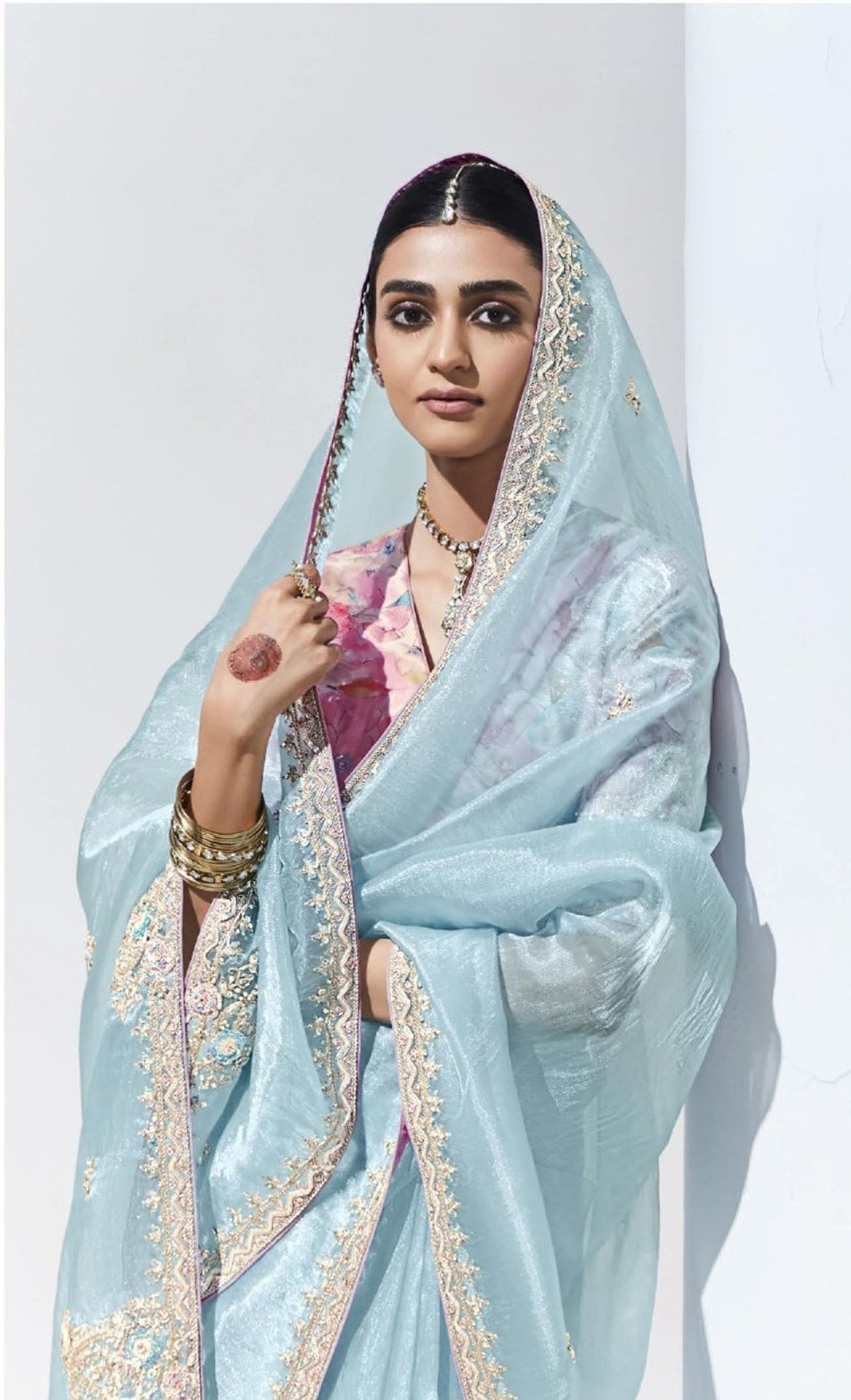 Sky Blue Glass Tissue & organza Sequnis & Dhaga Embroidered Designer Party Wear Saree
