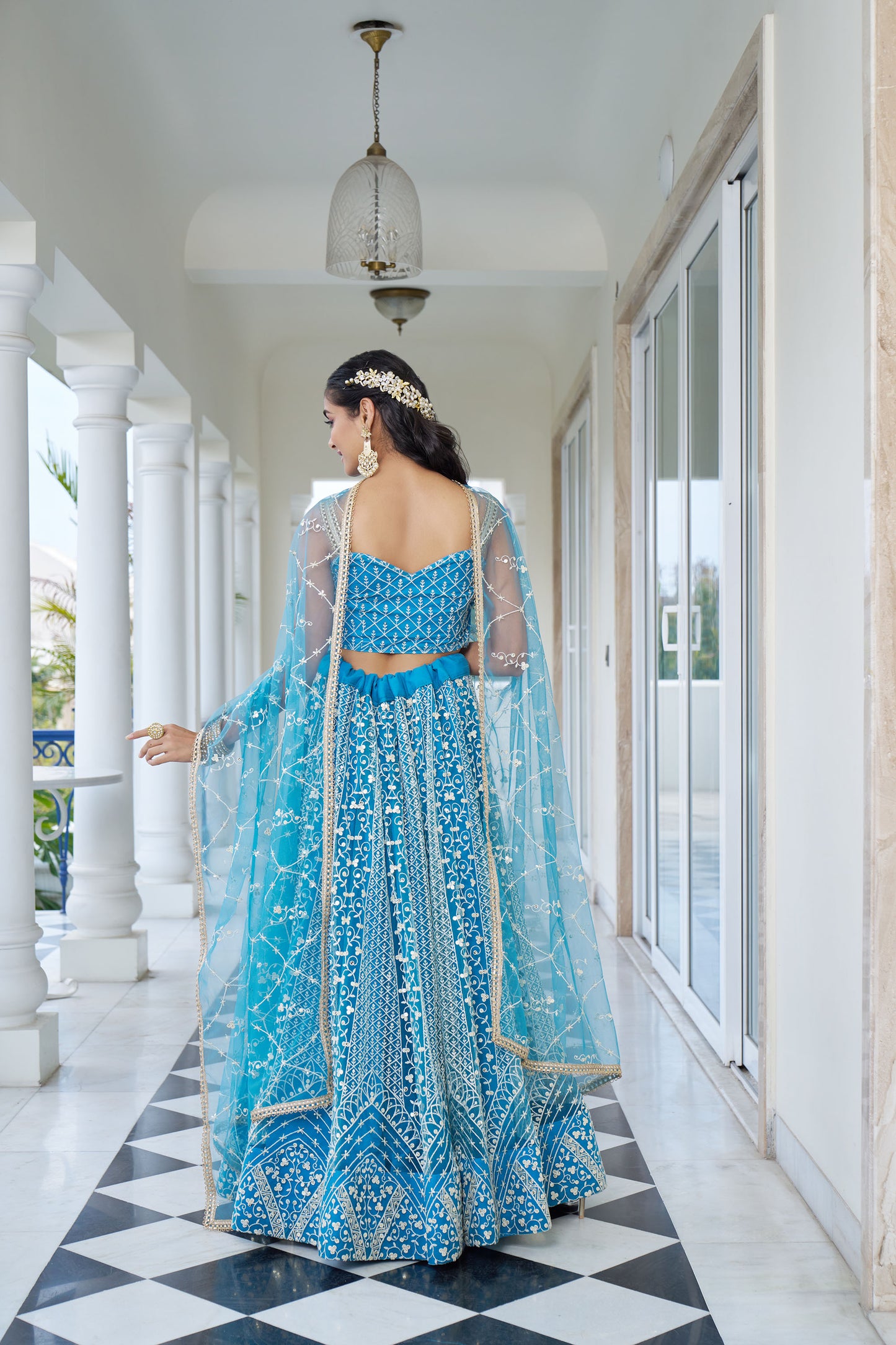 Sky Blue Dori & Sequins Embroidered Net Sangeet Lehenga