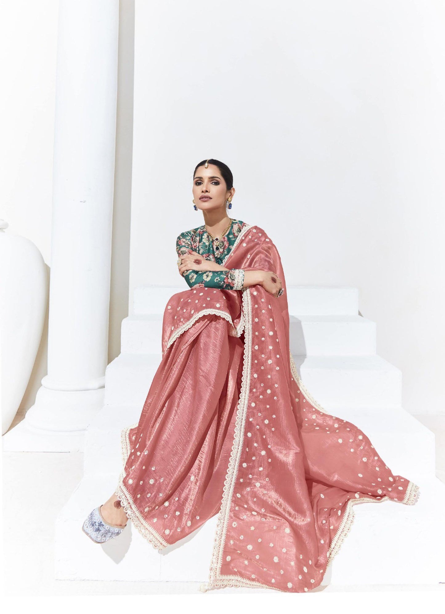 Peach Glass Tissue & organza Sequnis & Dhaga Embroidered Designer Engagement Saree