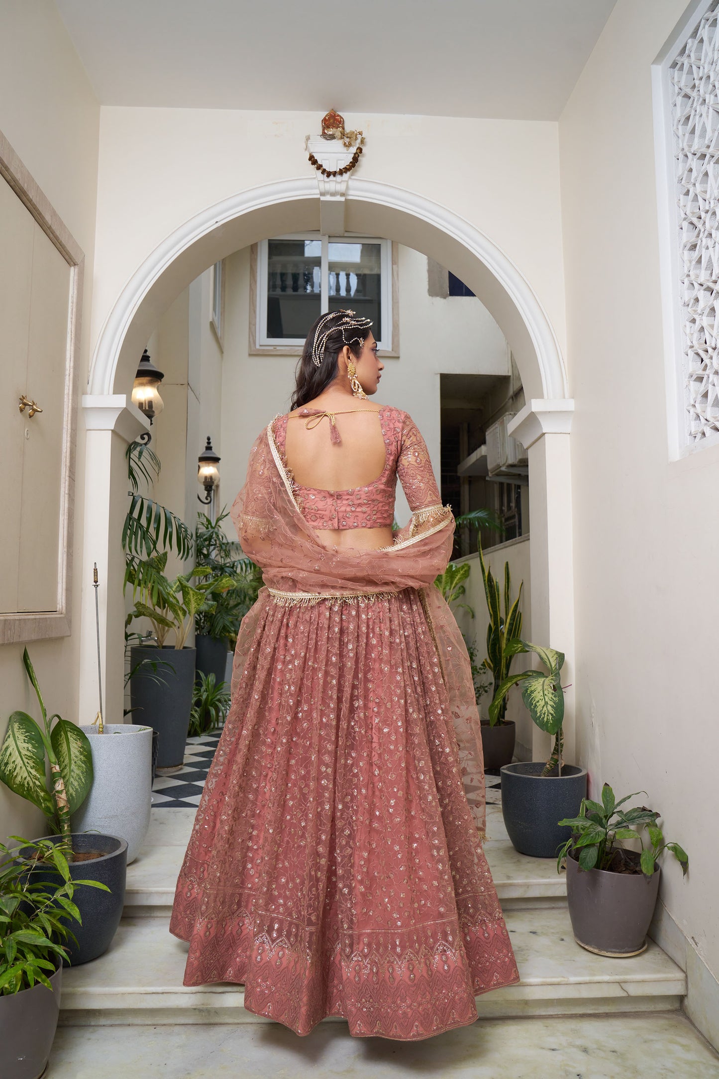 Dusty Pink Dori & Sequins Embroidered Net Reception Lehenga