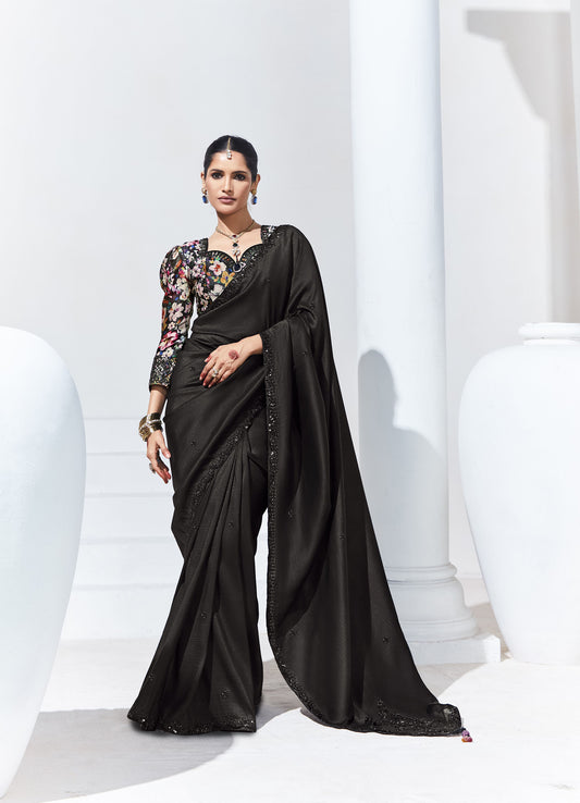 Black Glass Tissue & organza Sequnis & Dhaga Embroidered Designer Cocktail Saree
