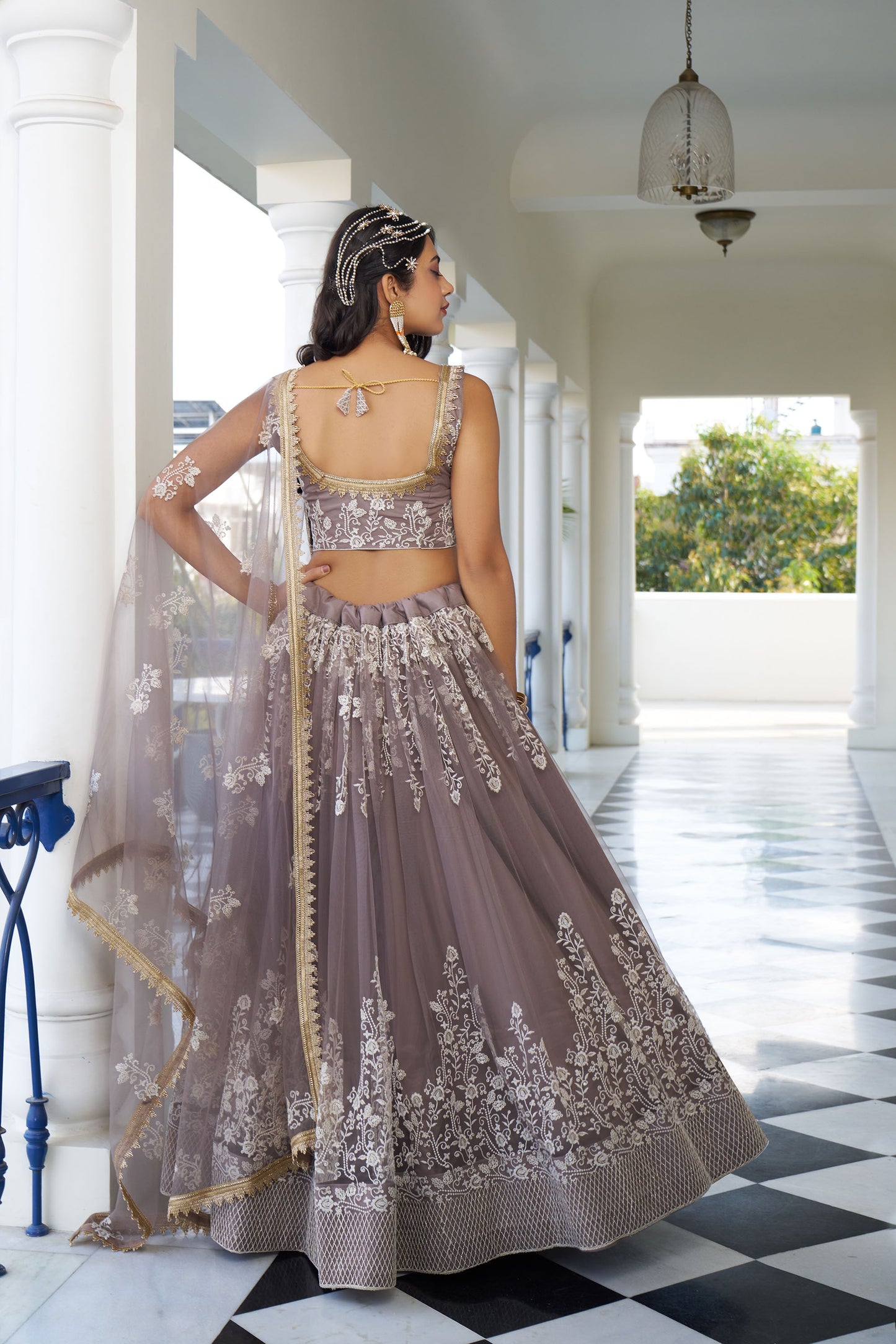 Mauve Dori & Sequins Embroidered Net Sangeet Lehenga