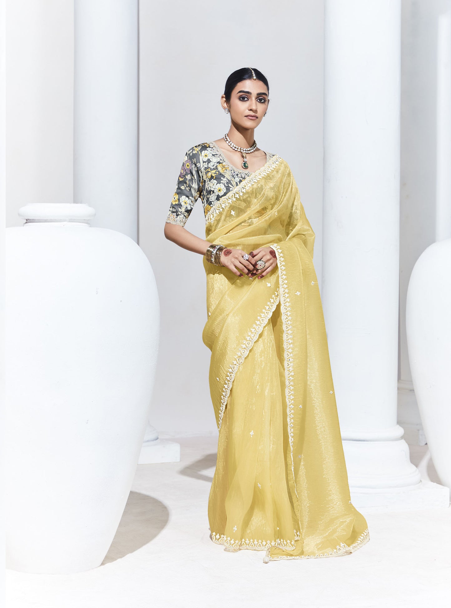 Yellow Glass Tissue & organza Sequnis & Dhaga Embroidered Designer Haldi Saree