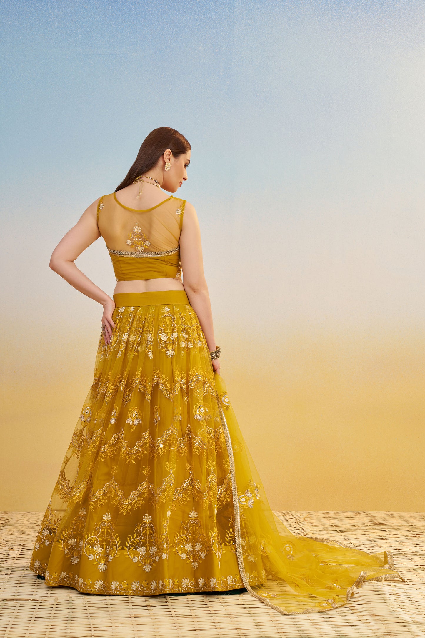 Mustard Yellow Butterfly Net Cotton Thread & Sequin Work Haldi Lehenga
