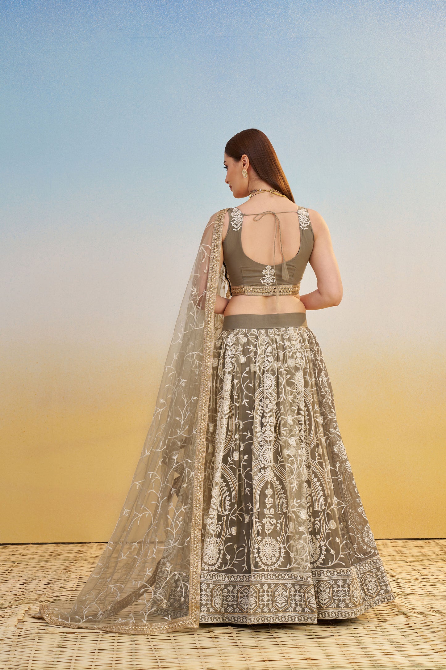 Ivory Butterfly Net Cotton Thread & Sequin Work Reception Lehenga