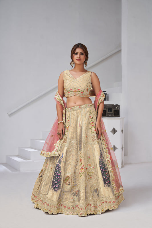 Cream Raw Silk Peacock Motifs & Zari Embroidered Bridesmaid Lehenga