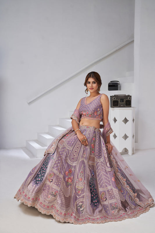 Purple Royal Banarasi Silk with Leaf & Peacock Motifs Lehenga for Sangeet