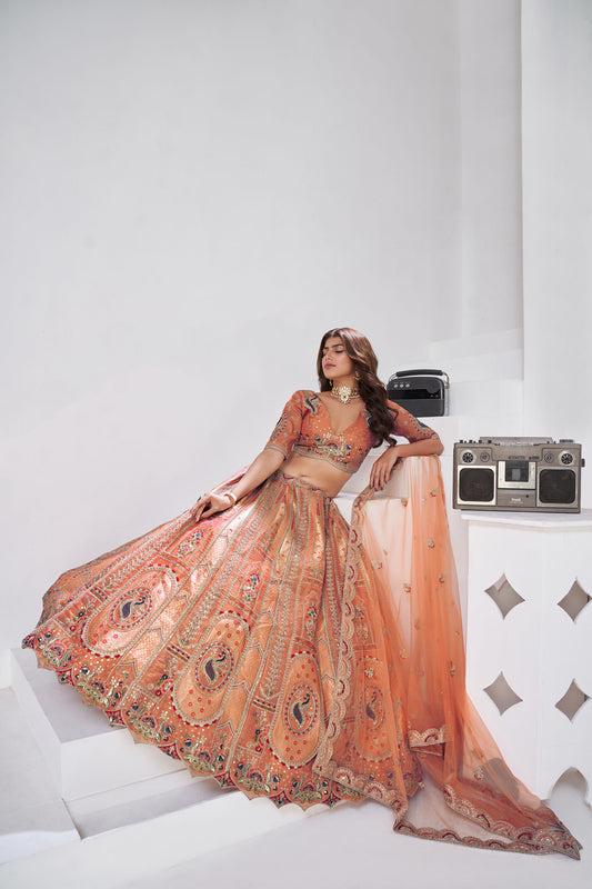 Rust Orange Raw Silk Resham & Zari Embroidered Bridesmaid Lehenga