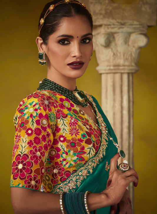 Dark Green Glass Tissue Dhaga & Thread Embroidered Divani Saree