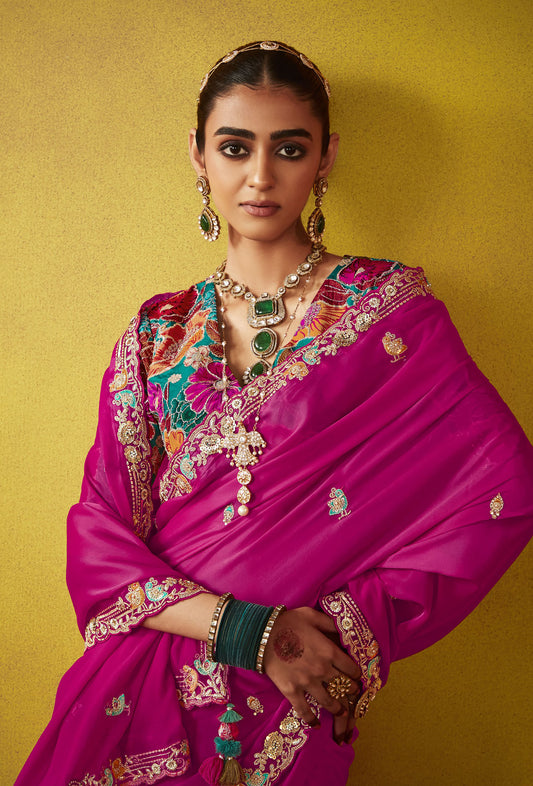 Royal Pink Glass Tissue Dhaga & Thread Embroidered Divani Saree