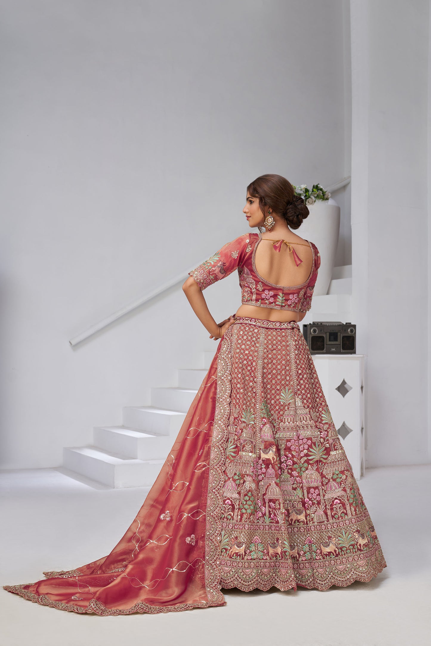 Dark Pink Organza Zari & Floral Embroidered Bridal Lehenga