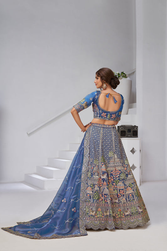Teal Blue Organza Zari & Floral Embroidered Bridal Lehenga