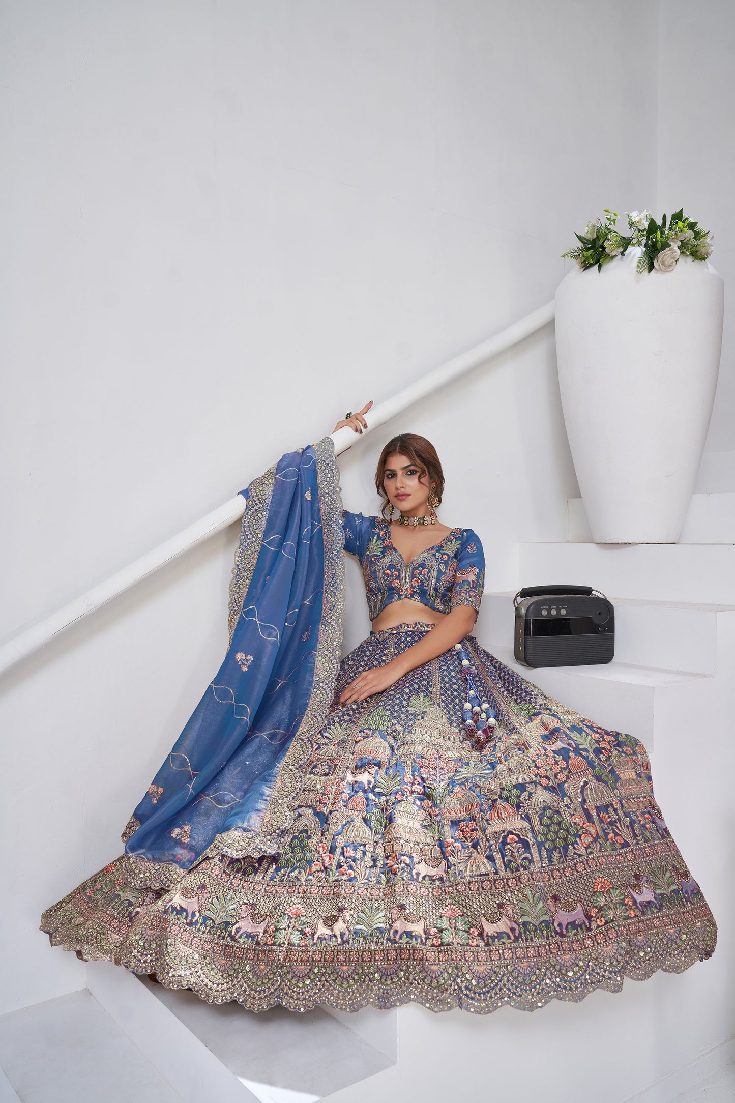 Teal Blue Organza Zari & Floral Embroidered Bridal Lehenga