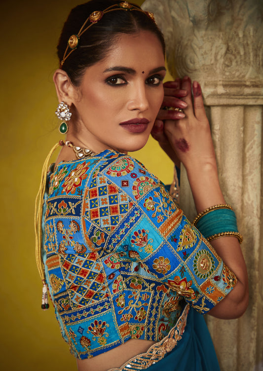 Teal Blue Glass Tissue Dhaga & Thread Embroidered Divani Saree