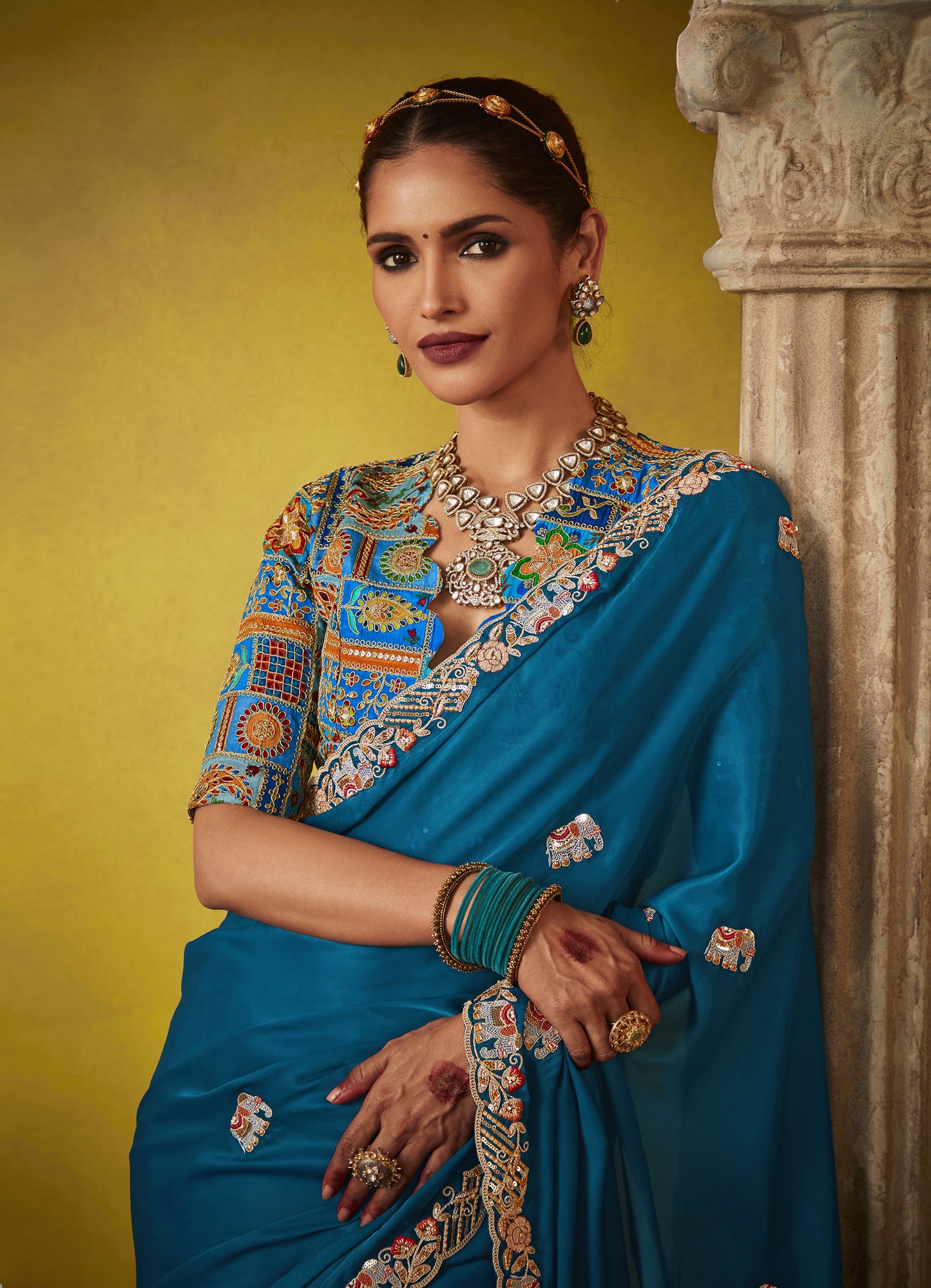 Teal Blue Glass Tissue Dhaga & Thread Embroidered Divani Saree