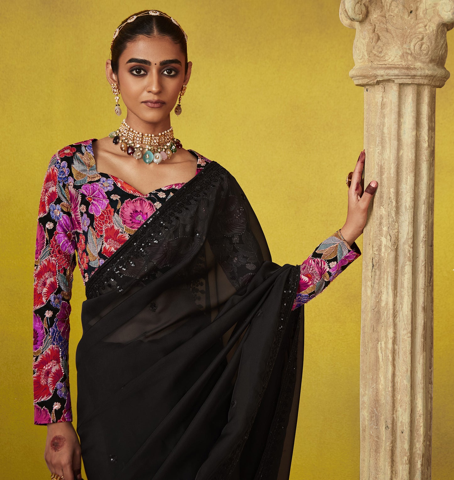 Black Glass Tissue Dhaga & Thread Embroidered Divani Saree