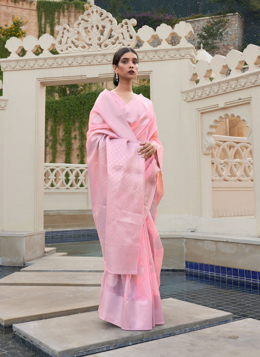 Light Pink Kevaah Linen Woven Saree