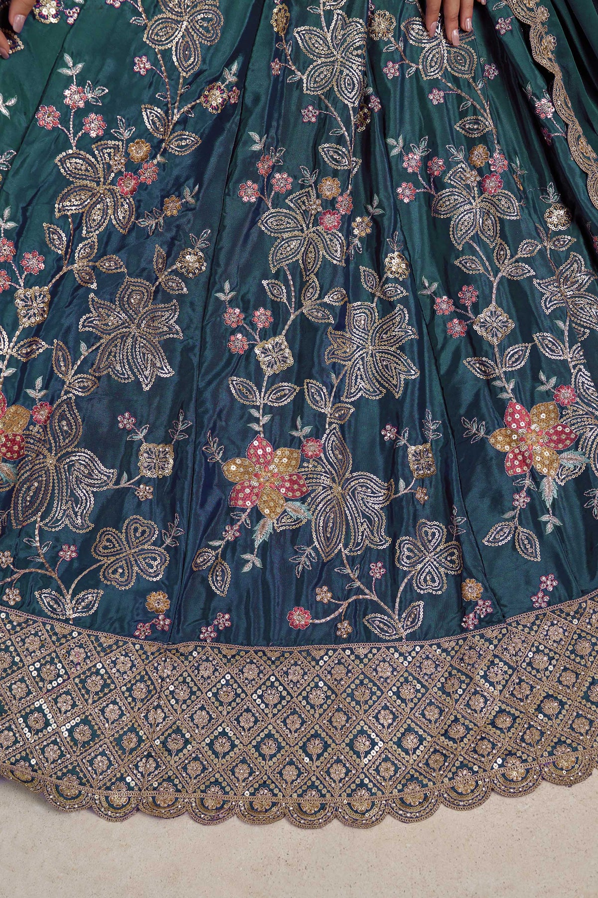 Sky Blue Crepe Silk Sequins Work & Floral Motifs Bridesmaid Lehenga