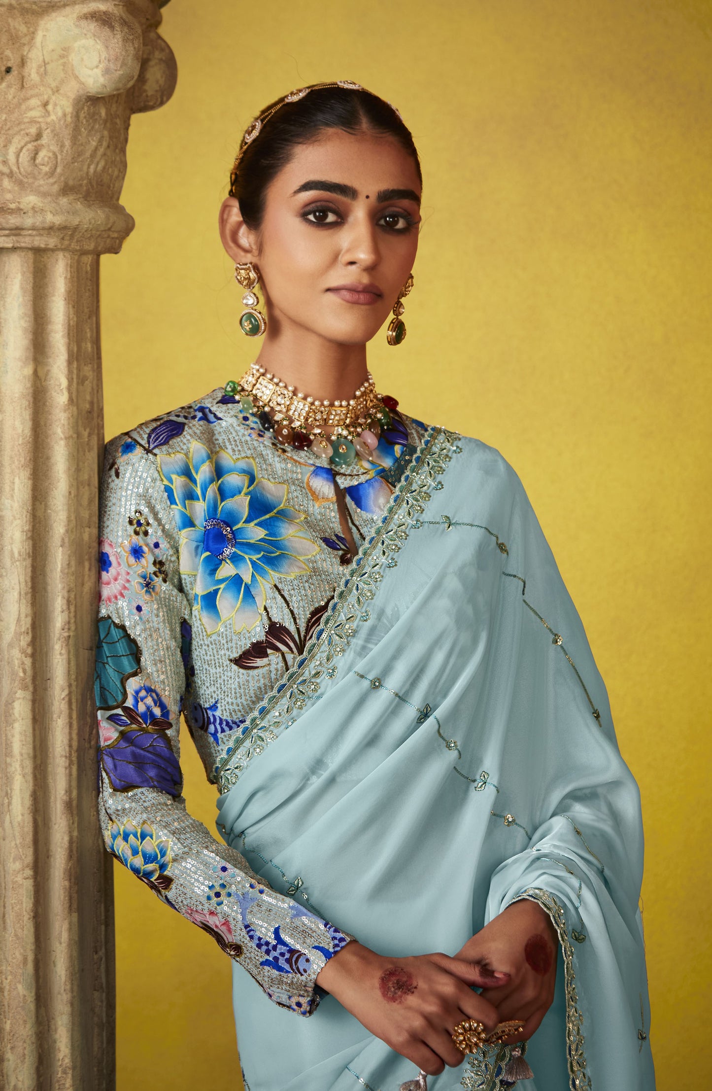 Sky Blue Glass Tissue Dhaga & Thread Embroidered Divani Saree