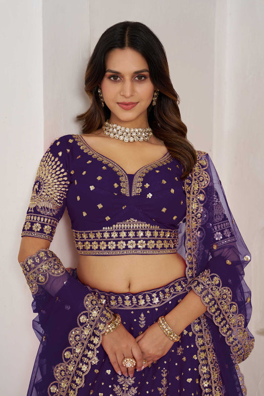 Purple Silk Heavy Pearl & Thread Embroidered Bridal Lehenga for Reception