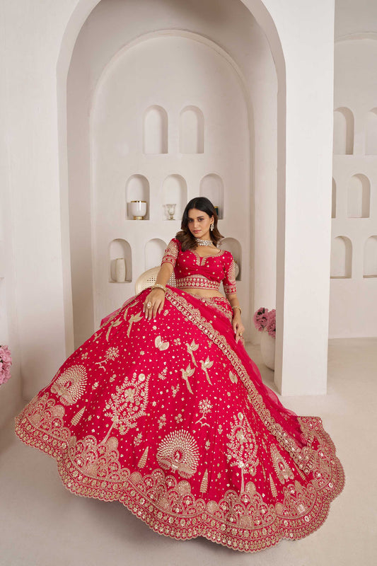 Rani Pink Silk Heavy Pearl & Thread Embroidered Bridal Lehenga