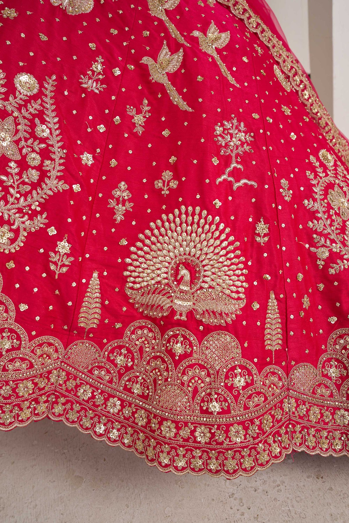Rani Pink Silk Heavy Pearl & Thread Embroidered Bridal Lehenga
