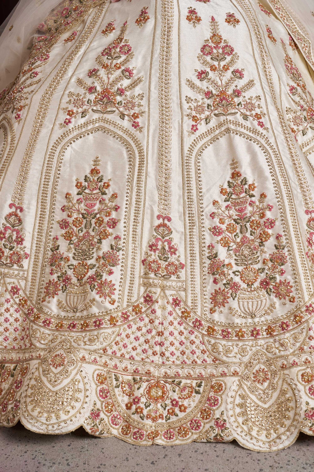 White Silk Zari & Sequins Embroidered Bridal Lehenga