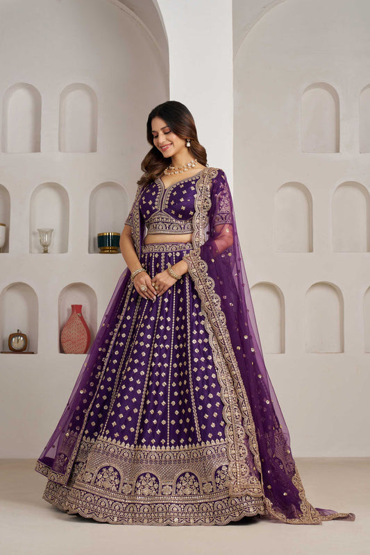 Purple Orange Silk Zari & Sequins Embroidered Bridal Lehenga
