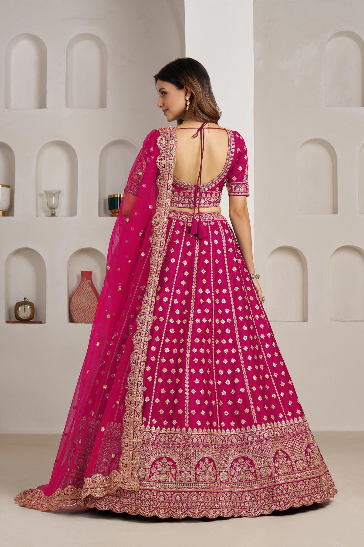Rani Pink Silk Zari & Sequins Embroidered Bridal Lehenga
