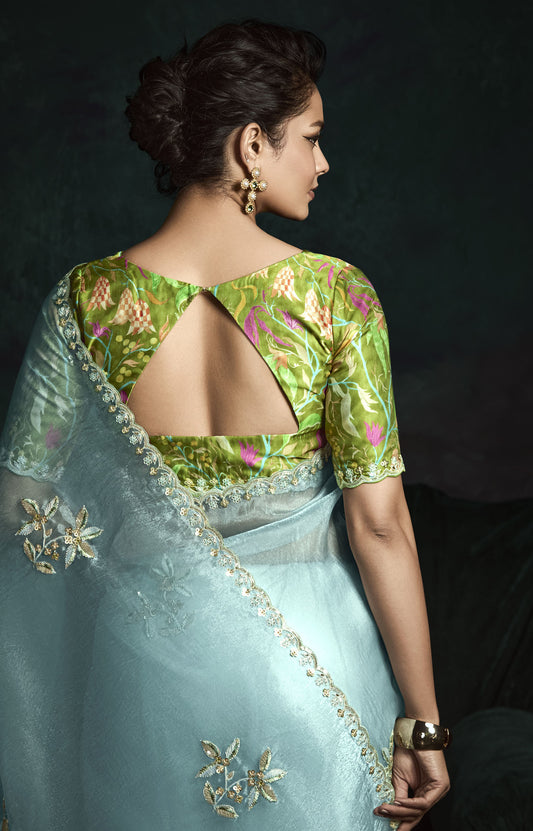 Skyblue Sequins Embroidered Festive Rangat Saree