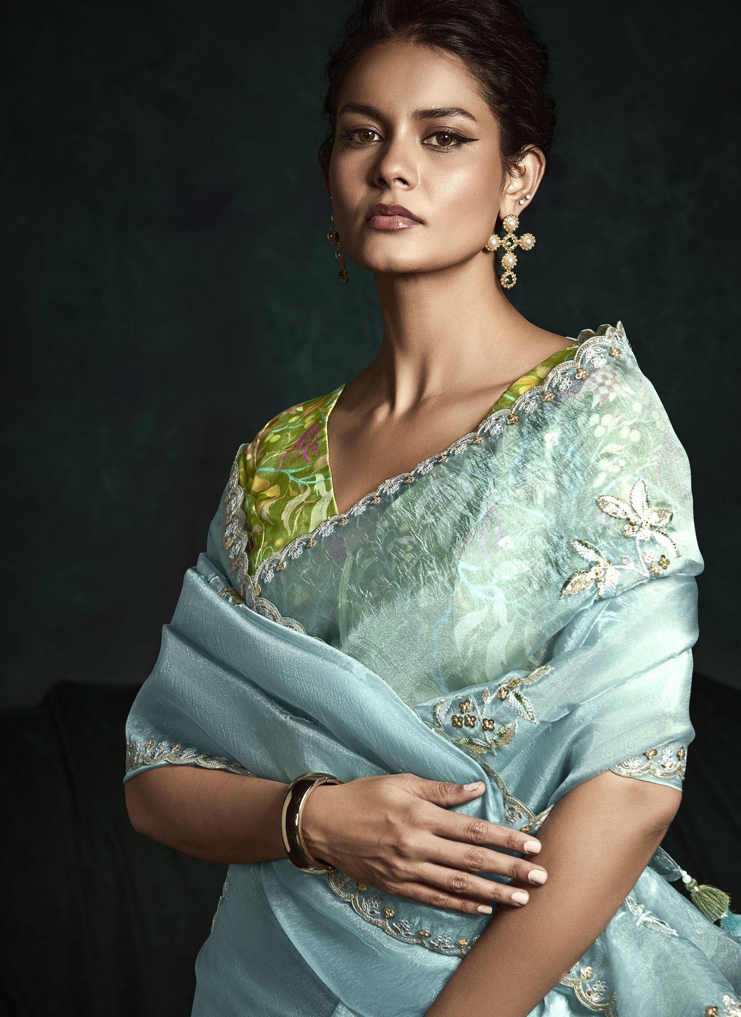 Skyblue Sequins Embroidered Festive Rangat Saree