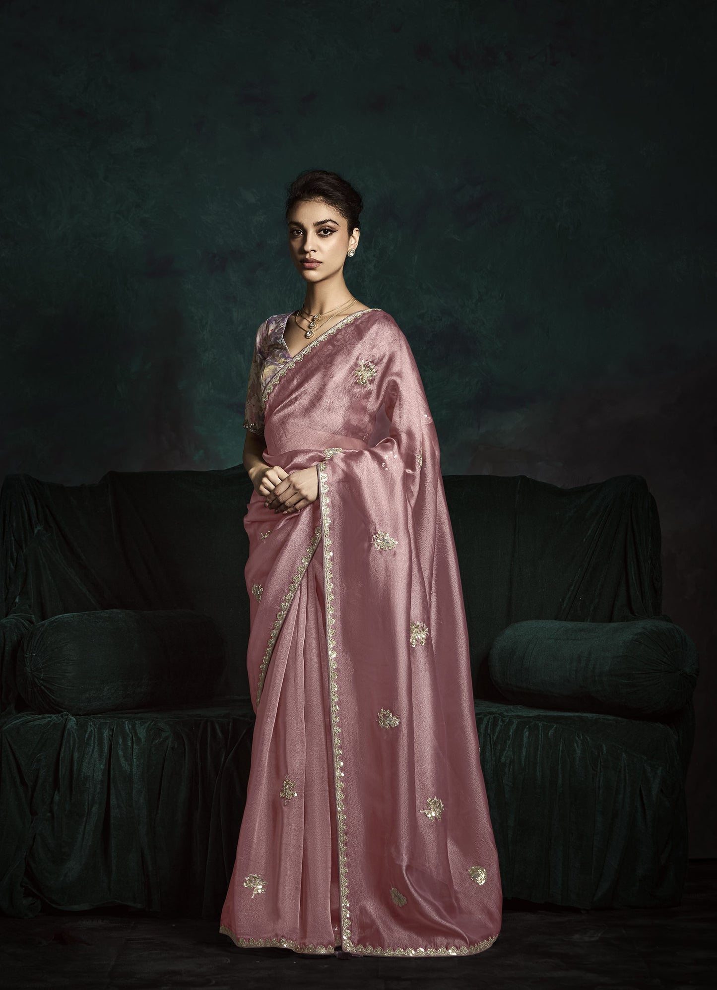 Pastel Pink Sequins Embroidered Festive Rangat Saree