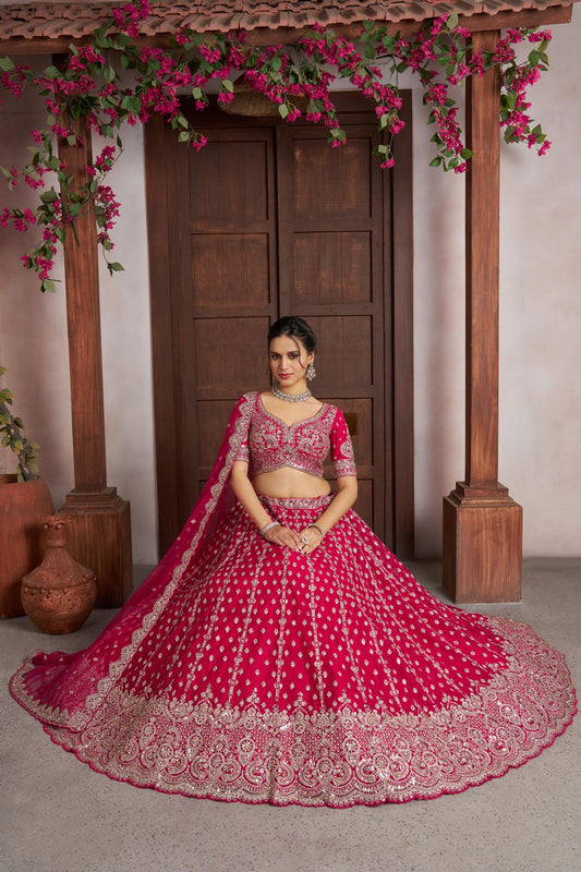 Rani Pink Net Silver Zari & Sequins Embroidered Bridal Lehenga