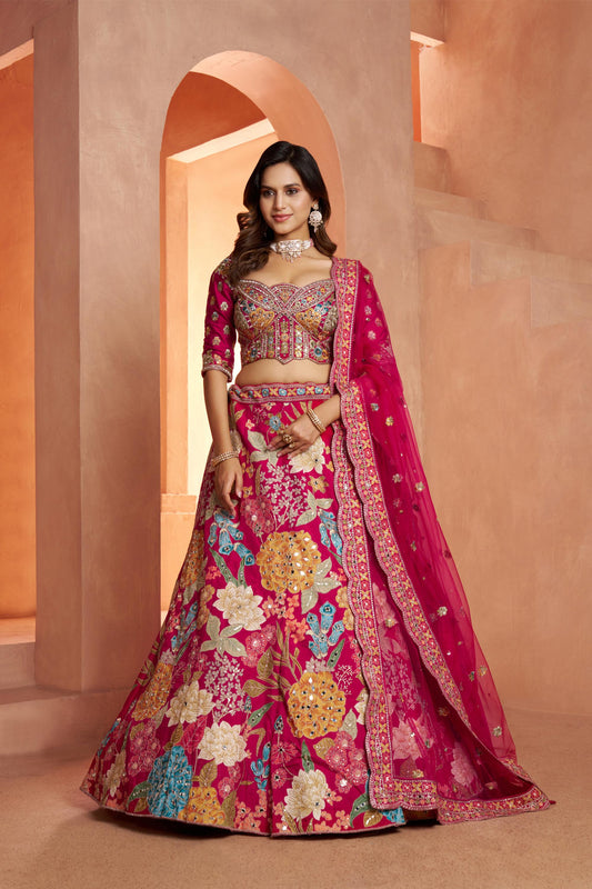 Rani Pink Dola Silk Mirror Work & Floral Motifs Bridal Lehenga