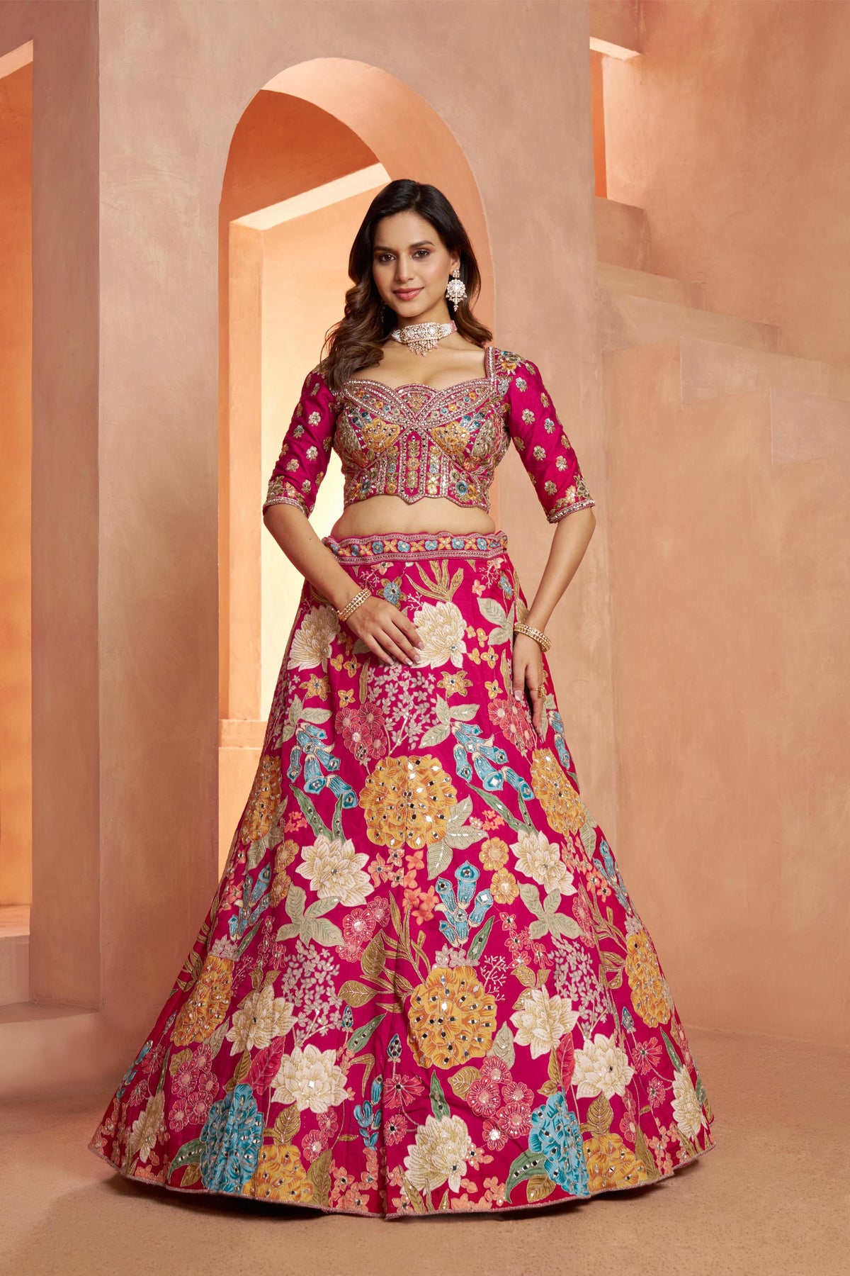 Rani Pink Dola Silk Mirror Work & Floral Motifs Bridal Lehenga