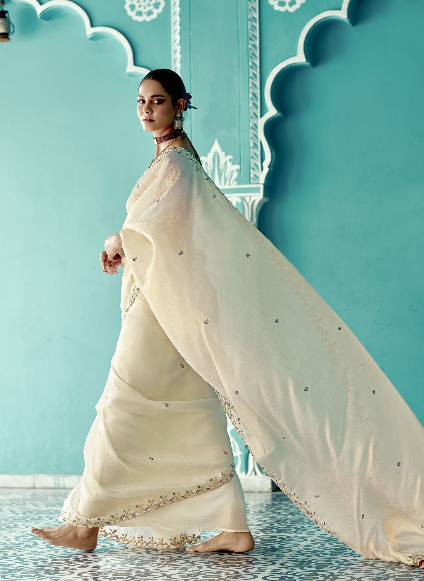 Off white Glass tissue Organza & Crush Moti Embroidered Festive Amber Saree