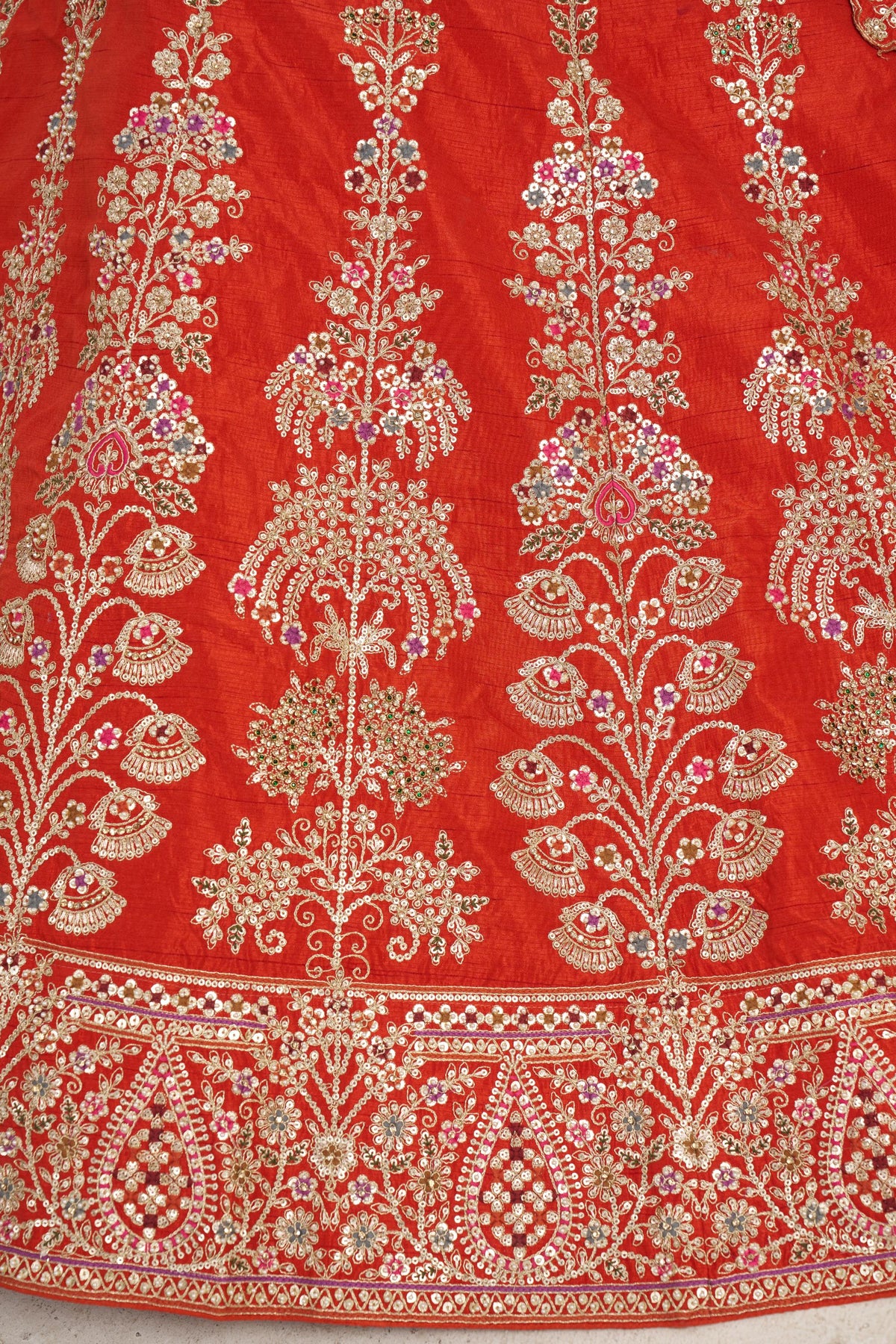 Rust Orange Silk Zari & Sequins Embroidered Bridal Lehenga for Wedding