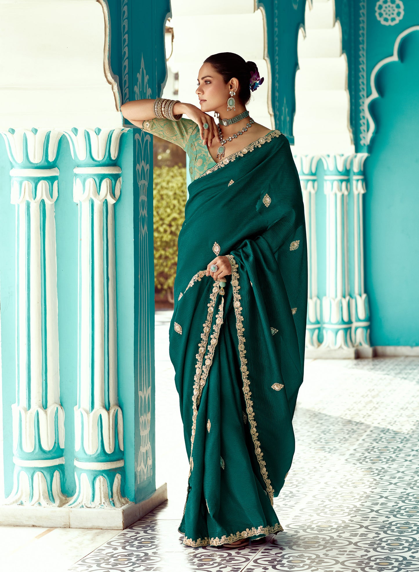 Bottle Green Glass tissue Organza & Crush Moti Embroidered Festive Amber Saree