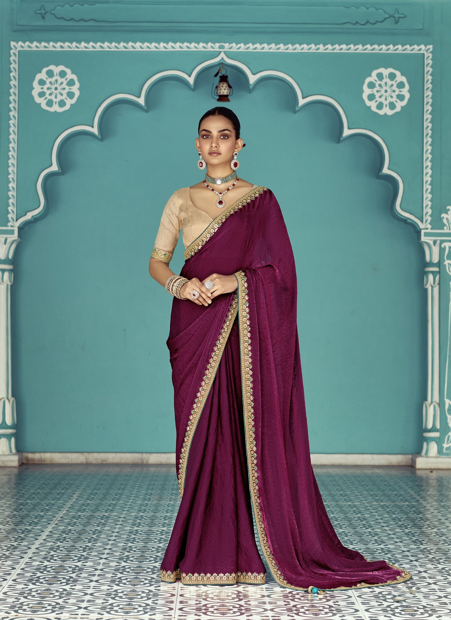 Wine Glass tissue Organza & Crush Moti Embroidered Festive Amber Saree