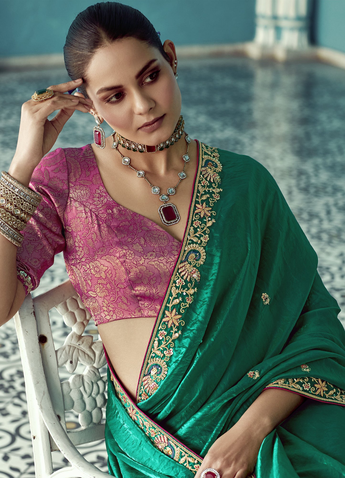 Dark Green Glass tissue Organza & Crush Moti Embroidered Festive Amber Saree