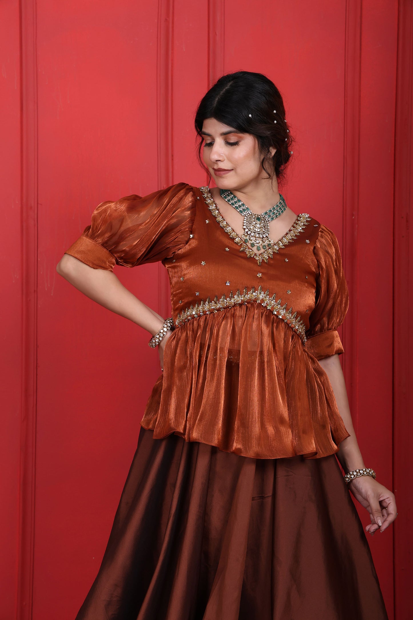 Rust Brown & Brown Derby Peplum Blouse With Long Skirt
