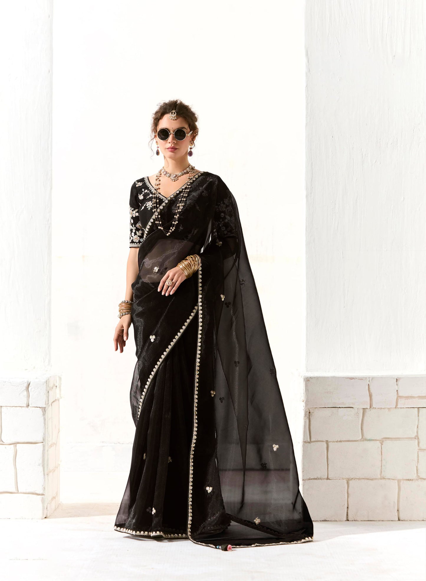 Black Organza Tissue Heavy butta embroidery Designer Runway Saree