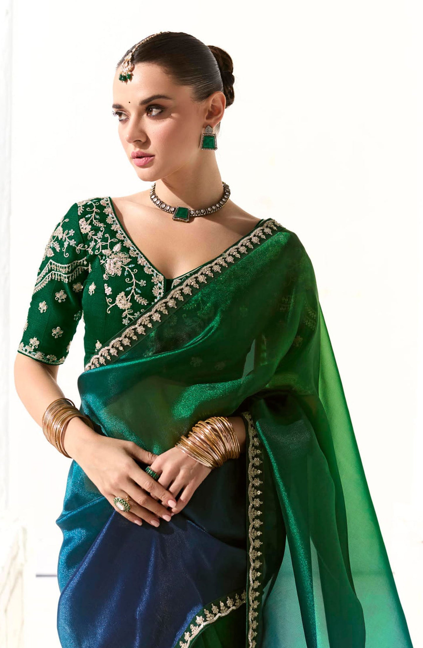 Dark Green Organza Tissue Heavy butta embroidery Designer Runway Saree